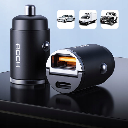 ROCK 30W Type C Car Charger QC3.0 PD3.0 Mini Metal Dual USB Fast Charging Adapter