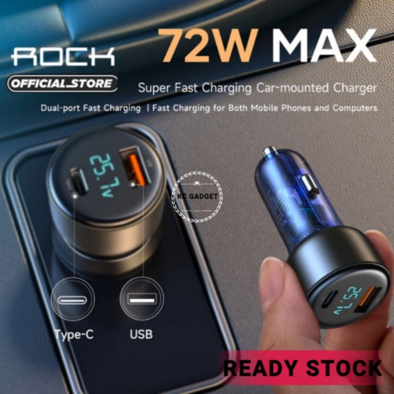 ROCK H16 Dual Port 72W A+C Fast Car Charger Type-C USB 2 Port with Display