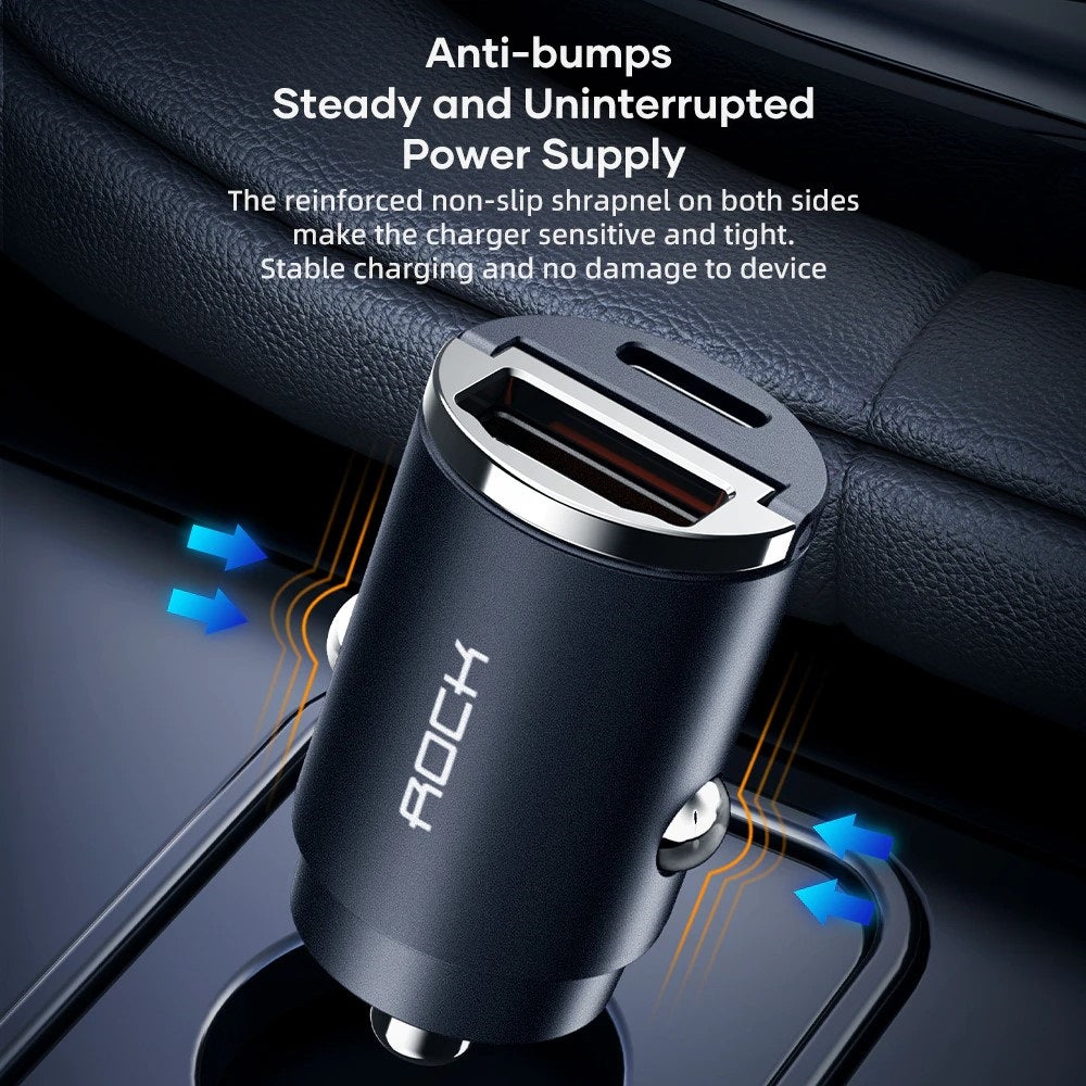 ROCK 30W Type C Car Charger QC3.0 PD3.0 Mini Metal Dual USB Fast Charging Adapter