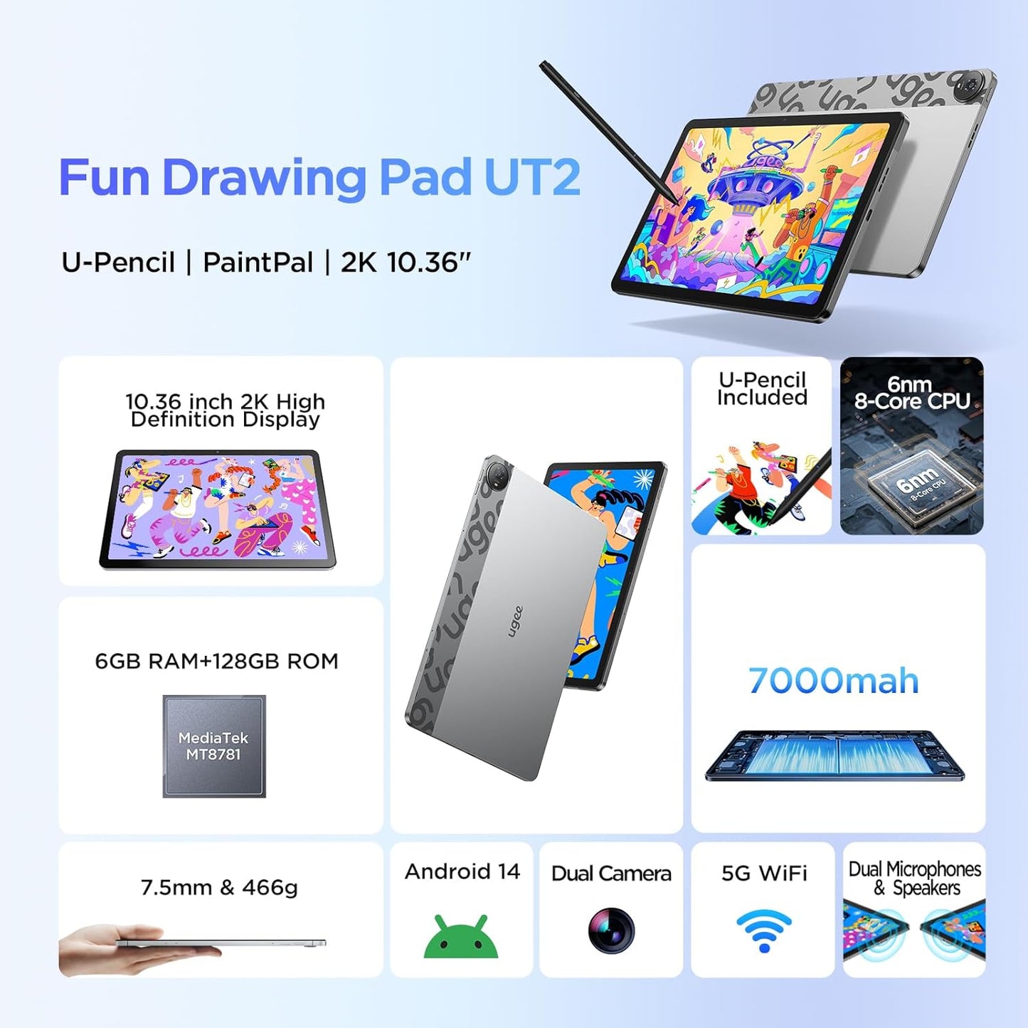 UGEE UT2 Fun Drawing Pad Standalone with 10.36 inch 2K Display and NanoMatte Finish, Portable Tablet with U-Pencil, 6GB+128GB, Android 14, 7000mAh, 8MP+8MP, Metal Body