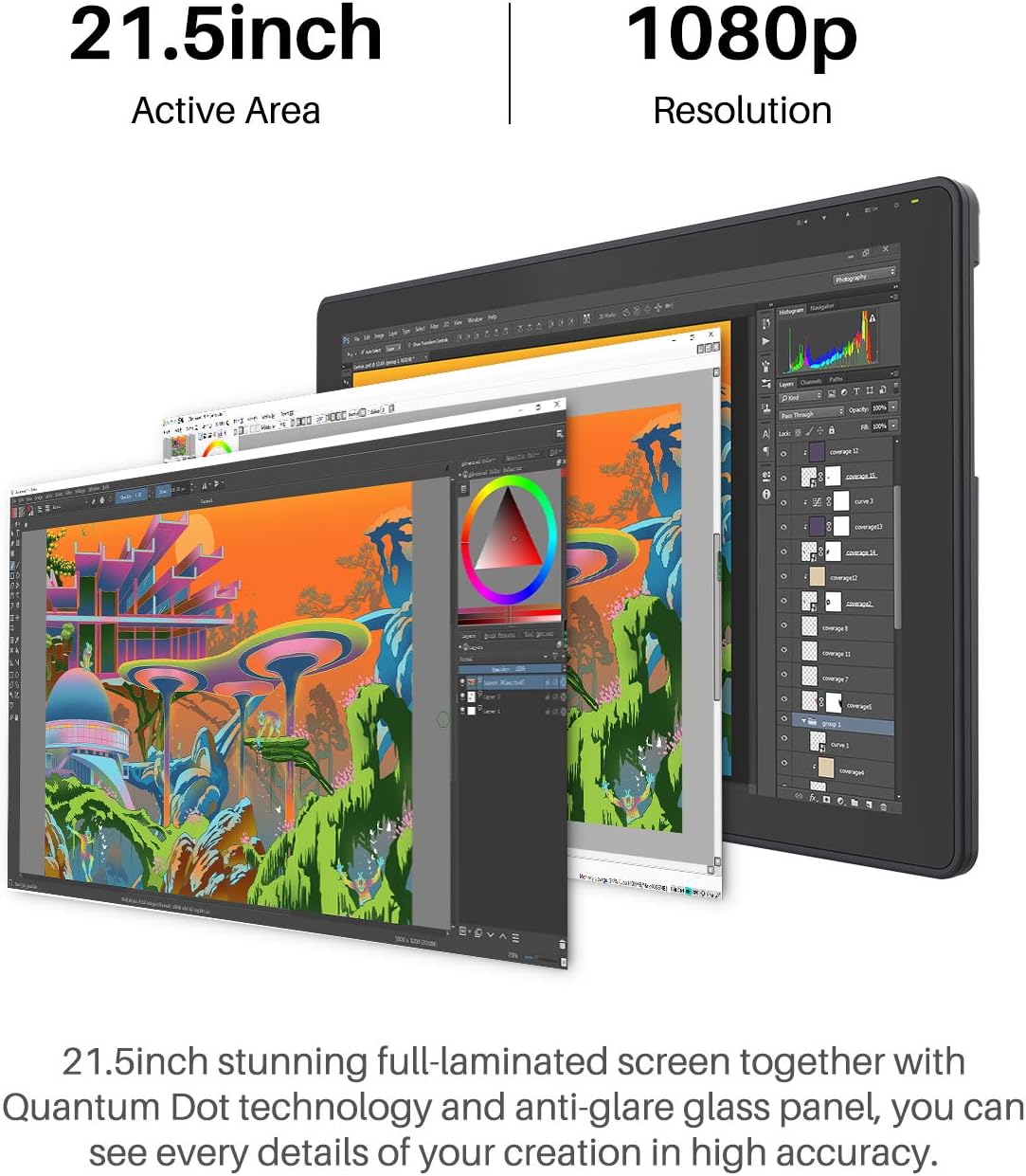 HUION Kamvas 22 Plus QLED Drawing Tablet with Full-Laminated Screen USB-C Connection 140% sRGB Tilt, 21.5 inch Graphics Art Tablet for Artist & Designer