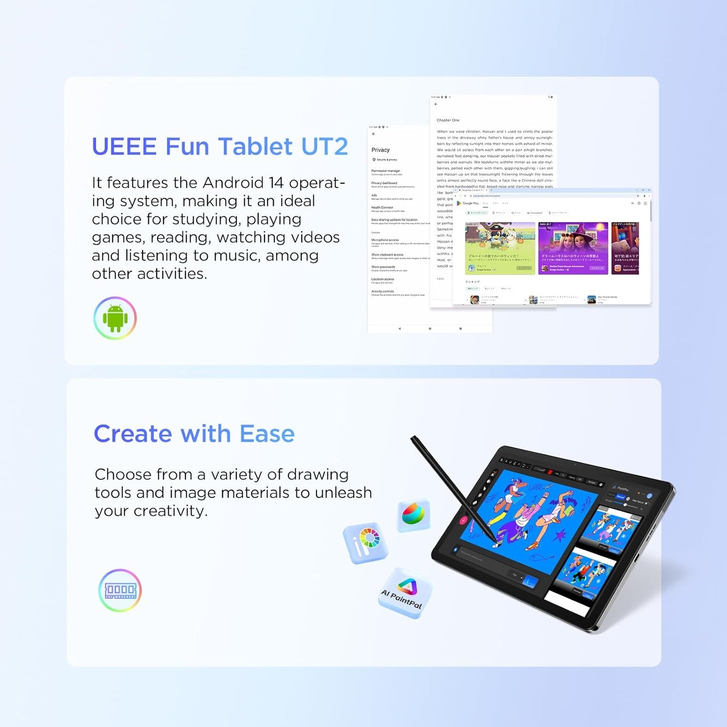 UGEE UT2 Fun Drawing Pad Standalone with 10.36 inch 2K Display and NanoMatte Finish, Portable Tablet with U-Pencil, 6GB+128GB, Android 14, 7000mAh, 8MP+8MP, Metal Body