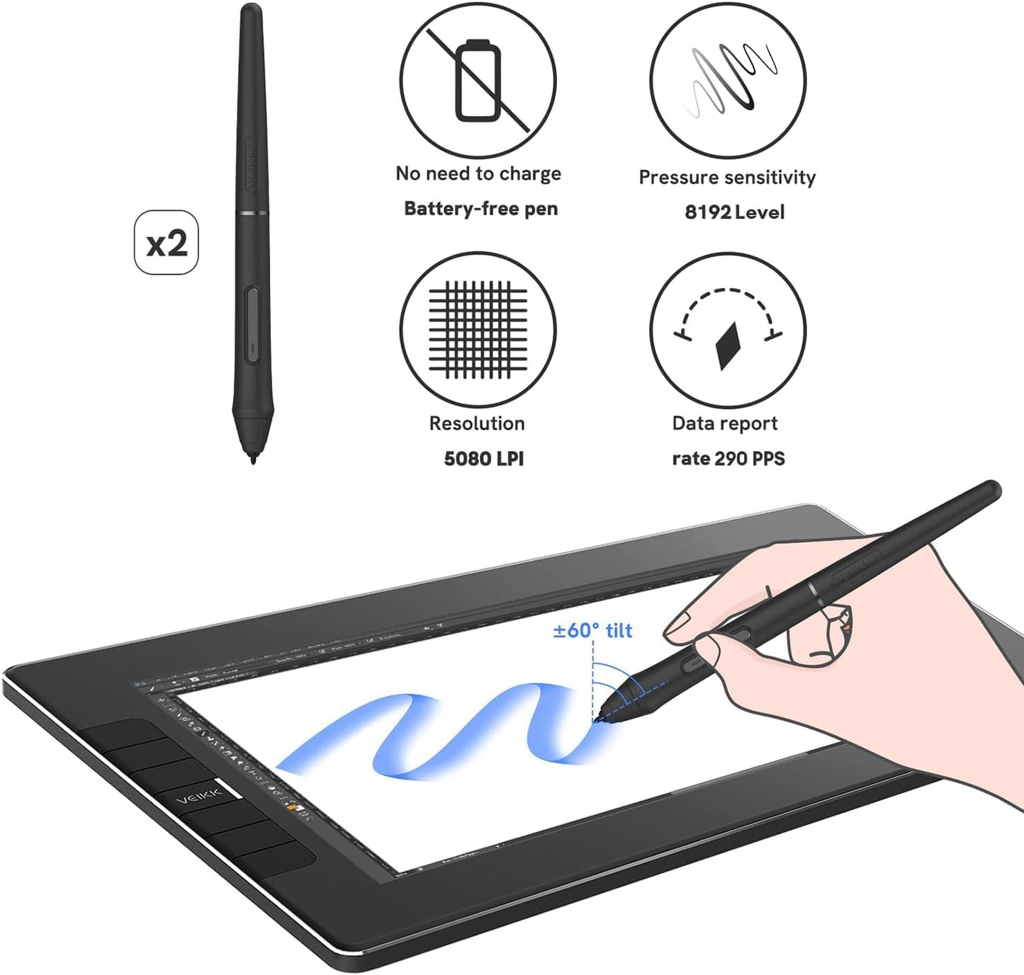 VEIKK VK1200 V2 Drawing Tablet with Screen 11.6 Inch Full-Laminated Graphic Monitor, 2 Battery-Free Pens with Tilt Function