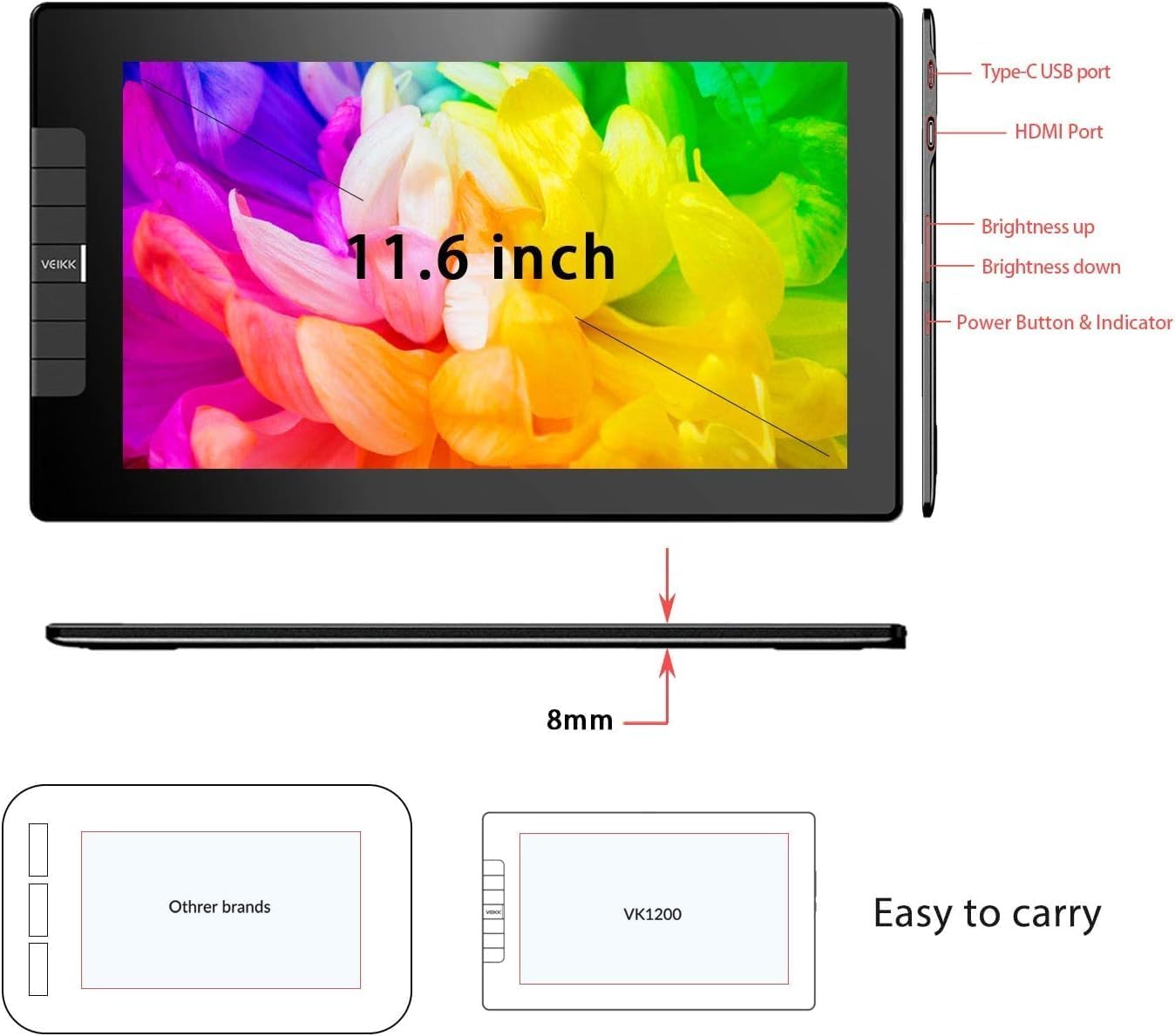 VEIKK VK1200 V2 Drawing Tablet with Screen 11.6 Inch Full-Laminated Graphic Monitor, 2 Battery-Free Pens with Tilt Function