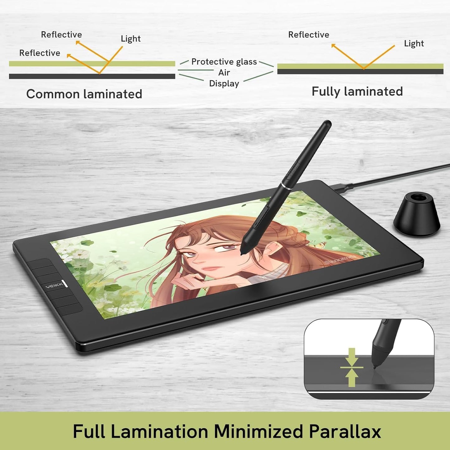 VEIKK VK1200 V2 Drawing Tablet with Screen 11.6 Inch Full-Laminated Graphic Monitor, 2 Battery-Free Pens with Tilt Function