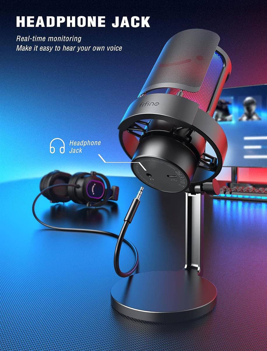 FIFINE AMPLIGAME A8 USB MIC WITH CONTROLLABLE RGB, LIVE MONITORING, INPUT DIAL, POP FILTER FOR STREAMING