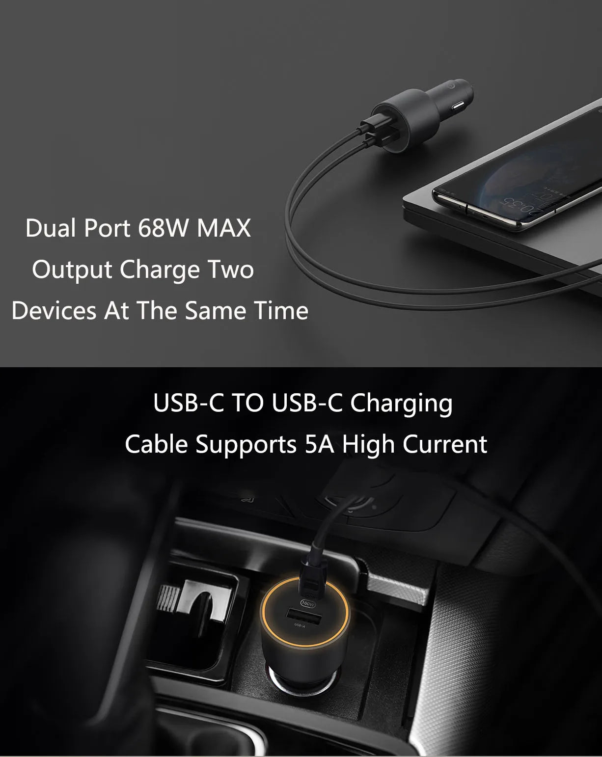 Xiaomi Mi Car Fast Charger 1A1C 100W MAX USB-A USB-C Dual Output 5A Safe Protection Cool LED Effect