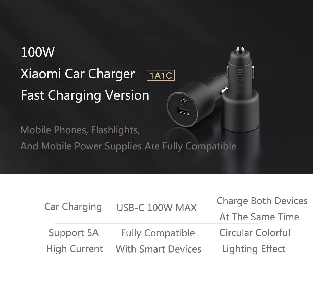 Xiaomi Mi Car Fast Charger 1A1C 100W MAX USB-A USB-C Dual Output 5A Safe Protection Cool LED Effect