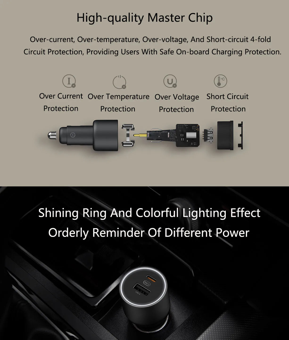 Xiaomi Mi Car Fast Charger 1A1C 100W MAX USB-A USB-C Dual Output 5A Safe Protection Cool LED Effect