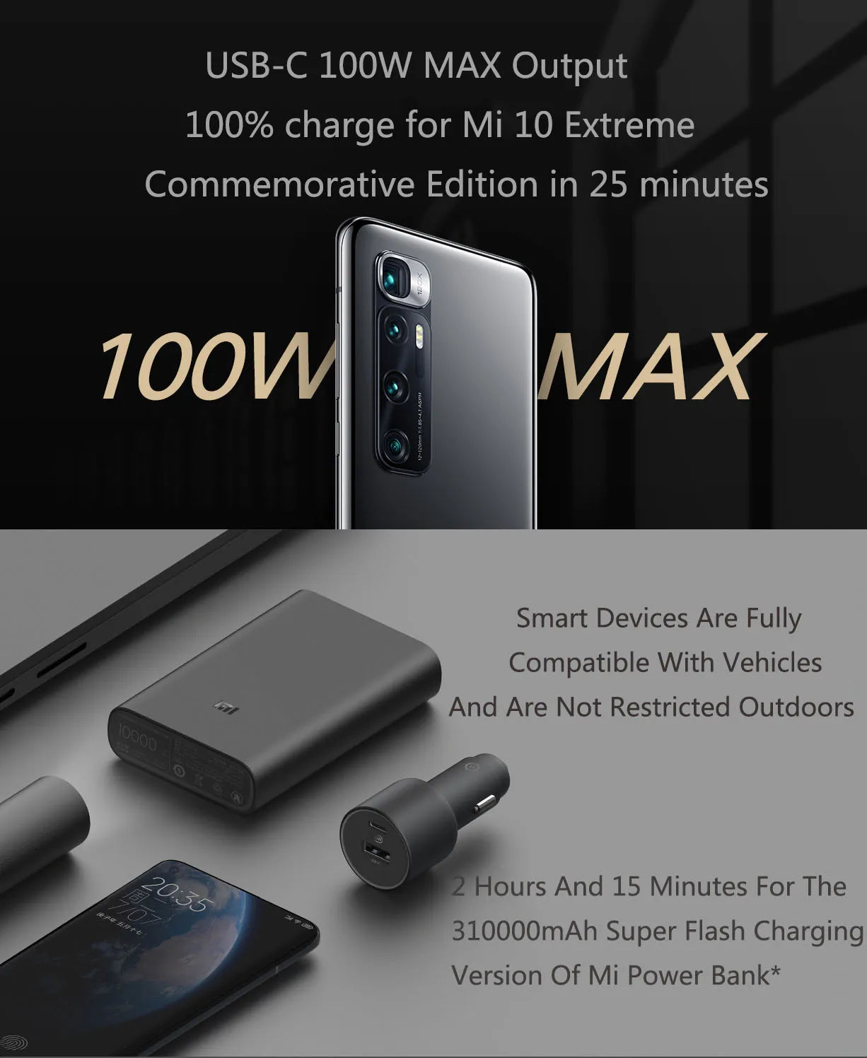 Xiaomi Mi Car Fast Charger 1A1C 100W MAX USB-A USB-C Dual Output 5A Safe Protection Cool LED Effect