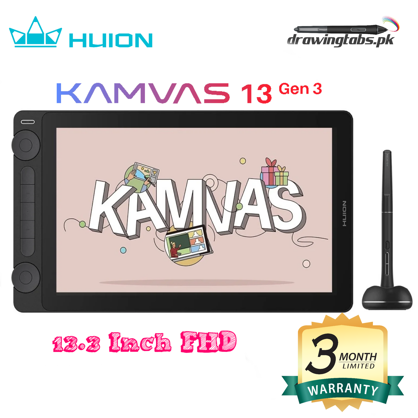 HUION Kamvas 13 (Gen 3) Drawing Tablet with Screen,13.3" Full-laminated Art Tablet with Anti-sparkle Canvas Glass