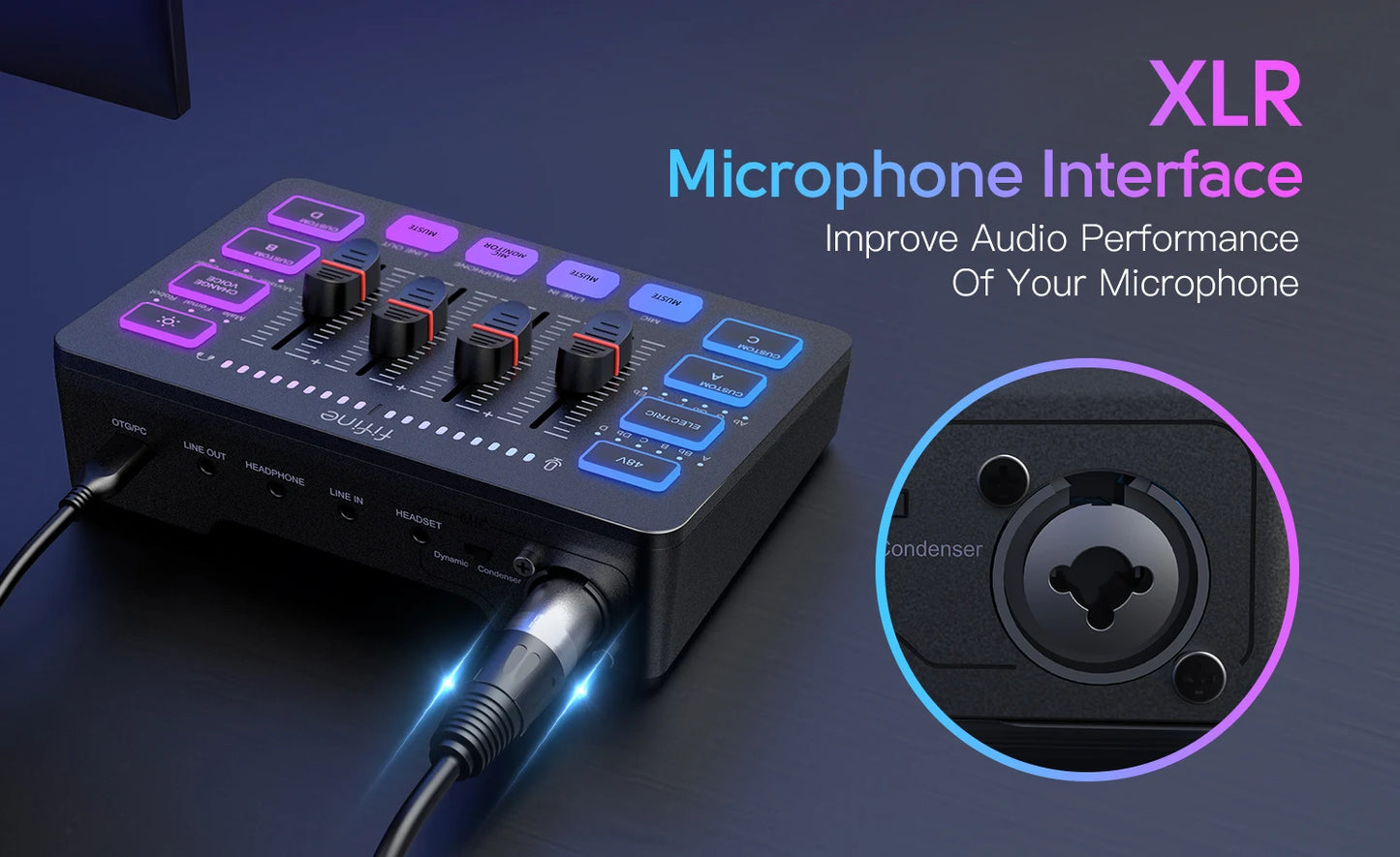 FIFINE AMPLIGAME SC3 GAMING USB MIXER WITH XLR/HEADSET INPUT, MONITORING, LINE IN/OUT, FADERS, MUTE/VOICE EFFECT/SAMPLE