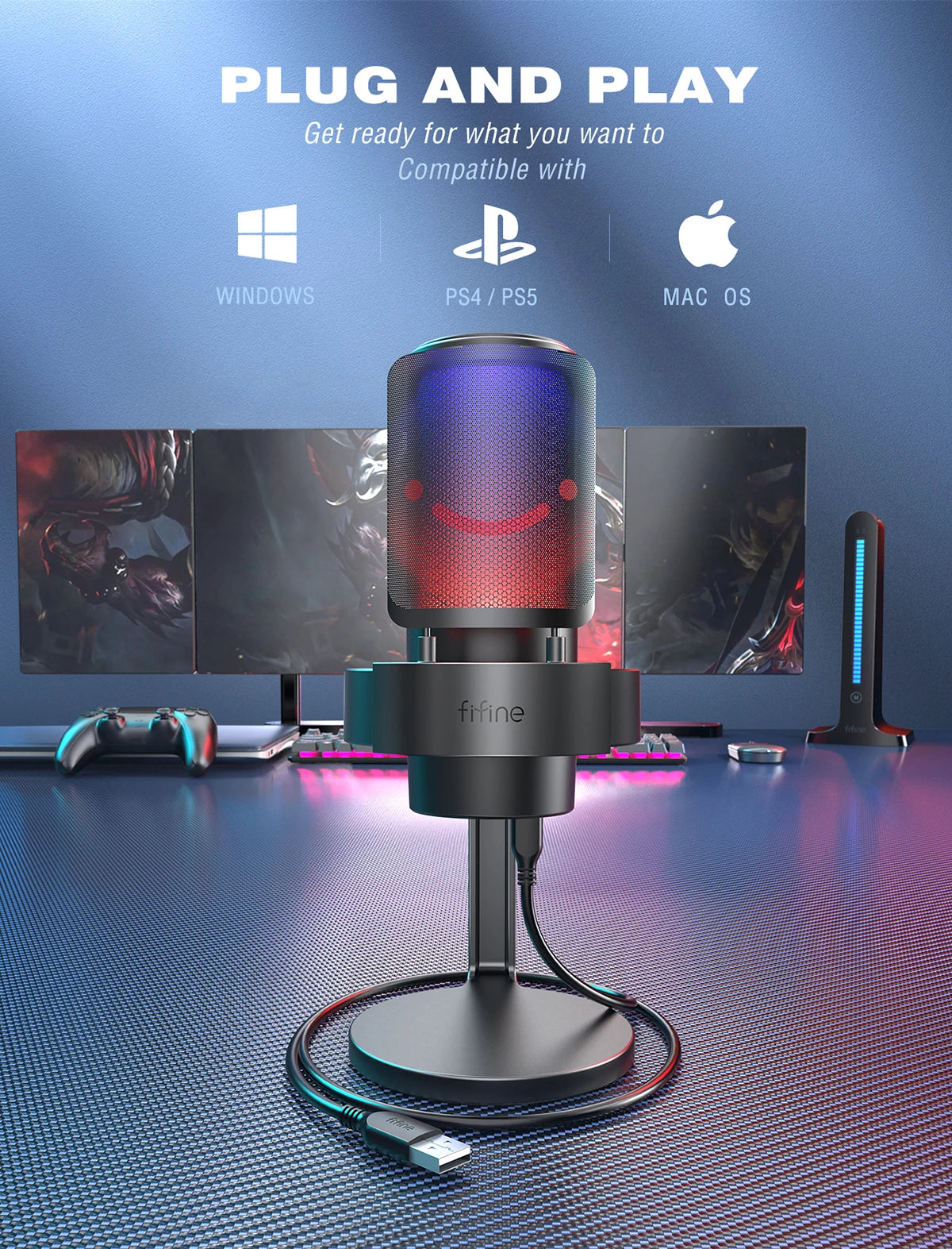 FIFINE AMPLIGAME A8 USB MIC WITH CONTROLLABLE RGB, LIVE MONITORING, INPUT DIAL, POP FILTER FOR STREAMING