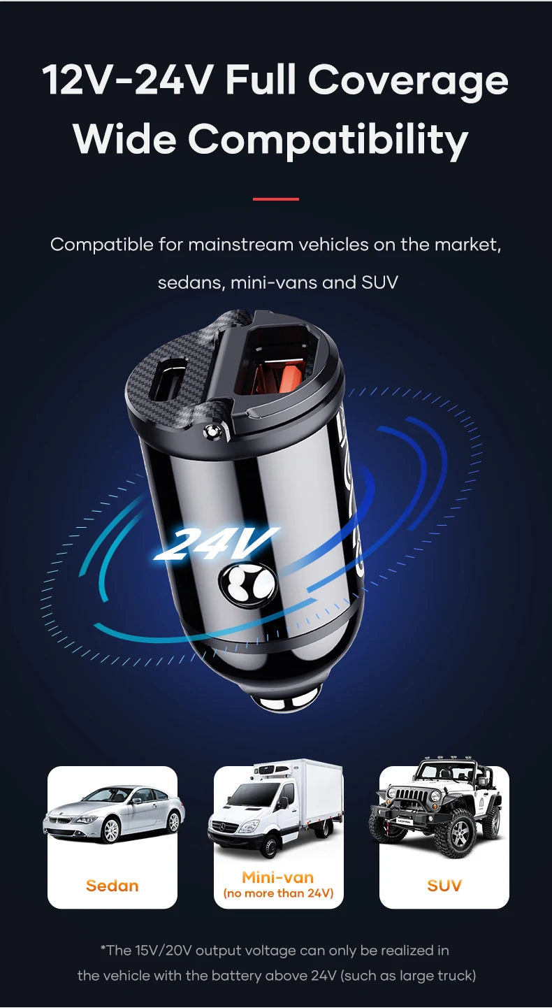 ROCK 30W Type C Car Charger QC3.0 PD3.0 Mini Metal Dual USB Fast Charging Adapter