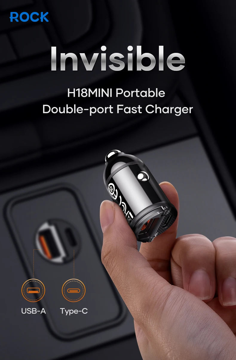 ROCK 30W Type C Car Charger QC3.0 PD3.0 Mini Metal Dual USB Fast Charging Adapter