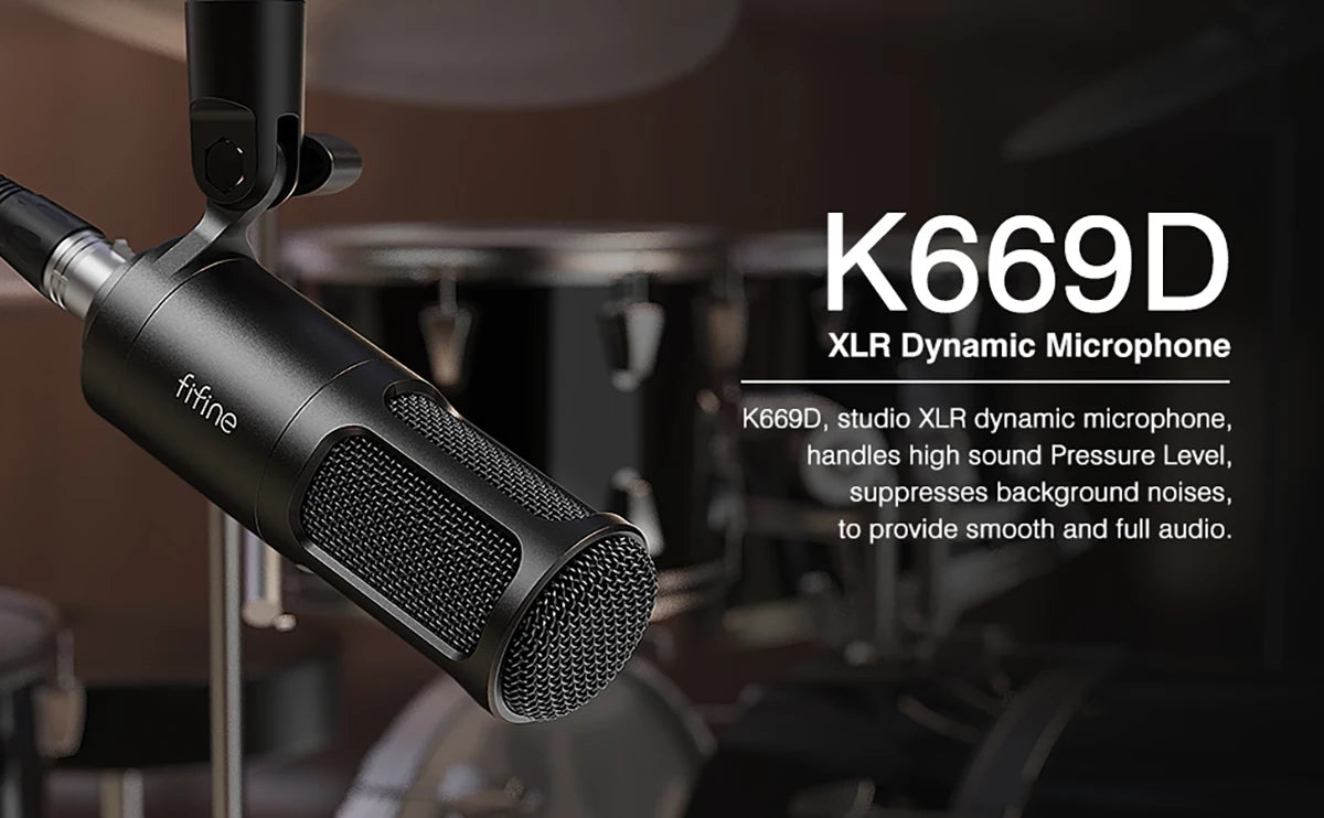 FIFINE XLR Dynamic Microphone, Vocal Podcast Microphone with Cardioid Pattern, Studio Metal Mic for Streaming Voice-Over Dubbing Video Recording, Black-K669D