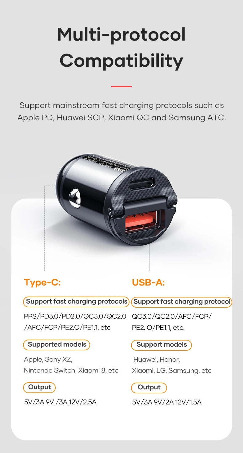 ROCK 30W Type C Car Charger QC3.0 PD3.0 Mini Metal Dual USB Fast Charging Adapter