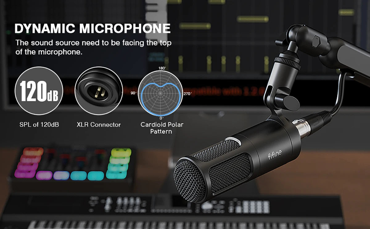 FIFINE XLR Dynamic Microphone, Vocal Podcast Microphone with Cardioid Pattern, Studio Metal Mic for Streaming Voice-Over Dubbing Video Recording, Black-K669D