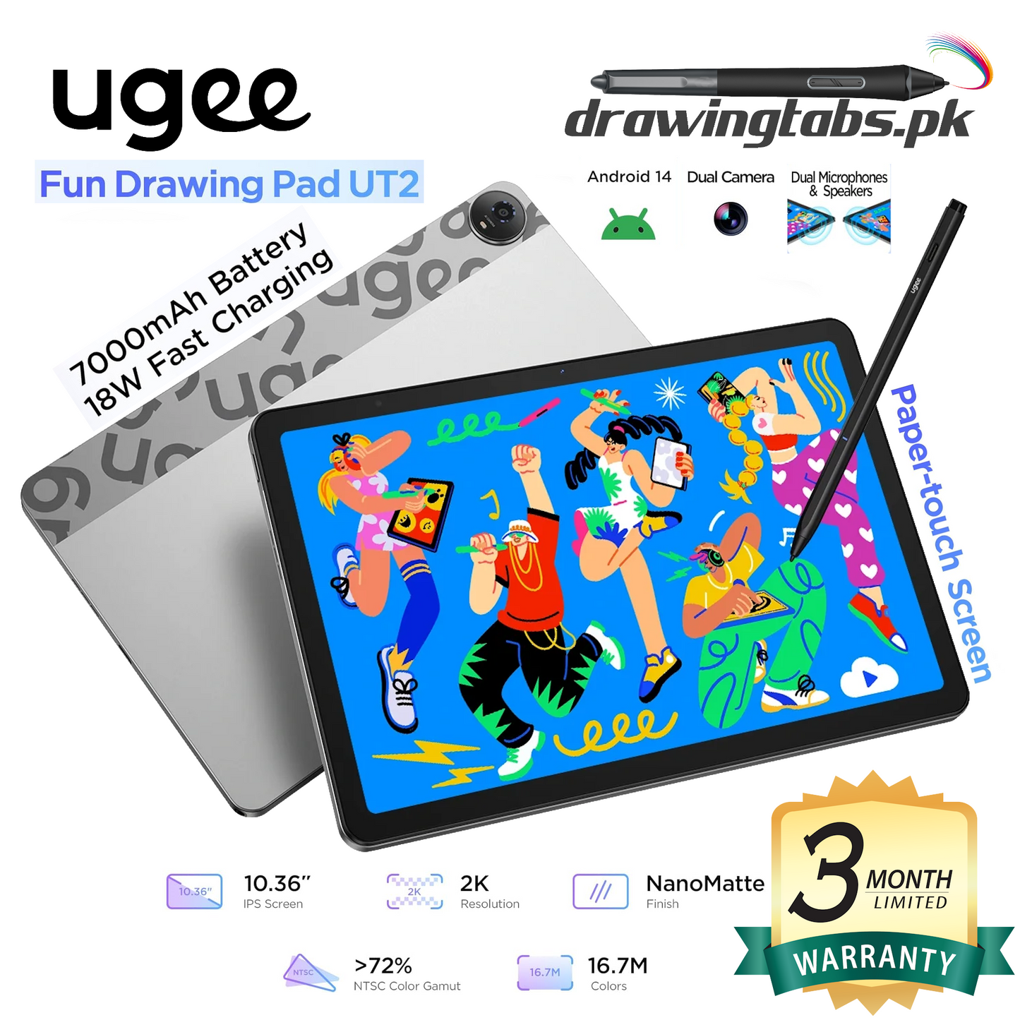 UGEE UT2 Fun Drawing Pad Standalone with 10.36 inch 2K Display and NanoMatte Finish, Portable Tablet with U-Pencil, 6GB+128GB, Android 14, 7000mAh, 8MP+8MP, Metal Body