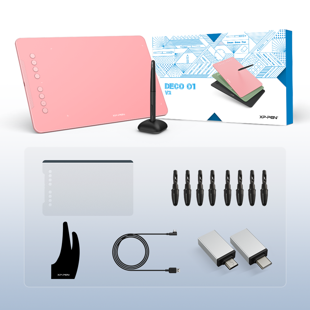 XPPen Deco 01 V2 Drawing Tablet 10x6.25 Inch Graphics Tablet - Pink