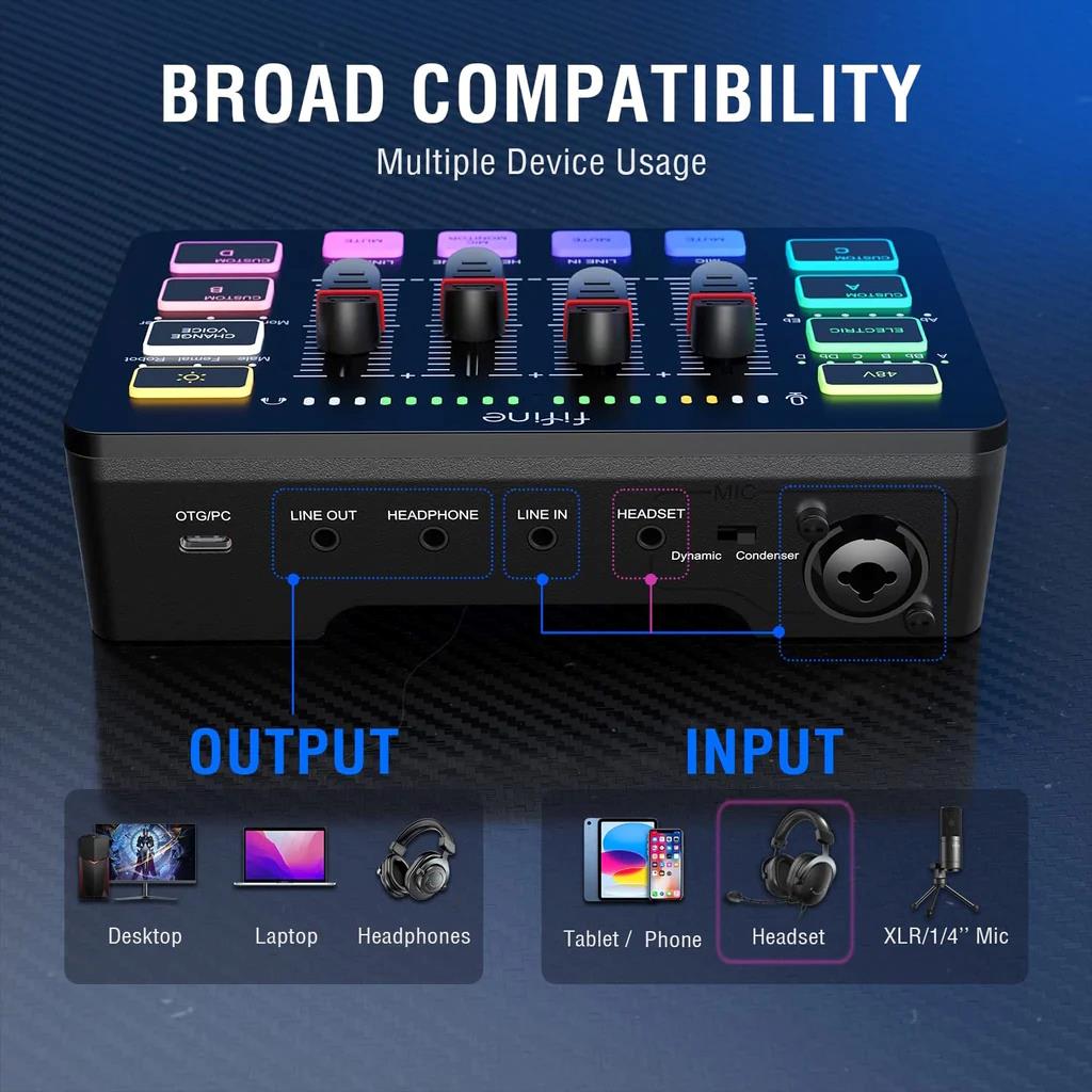 FIFINE AMPLIGAME SC3 GAMING USB MIXER WITH XLR/HEADSET INPUT, MONITORING, LINE IN/OUT, FADERS, MUTE/VOICE EFFECT/SAMPLE