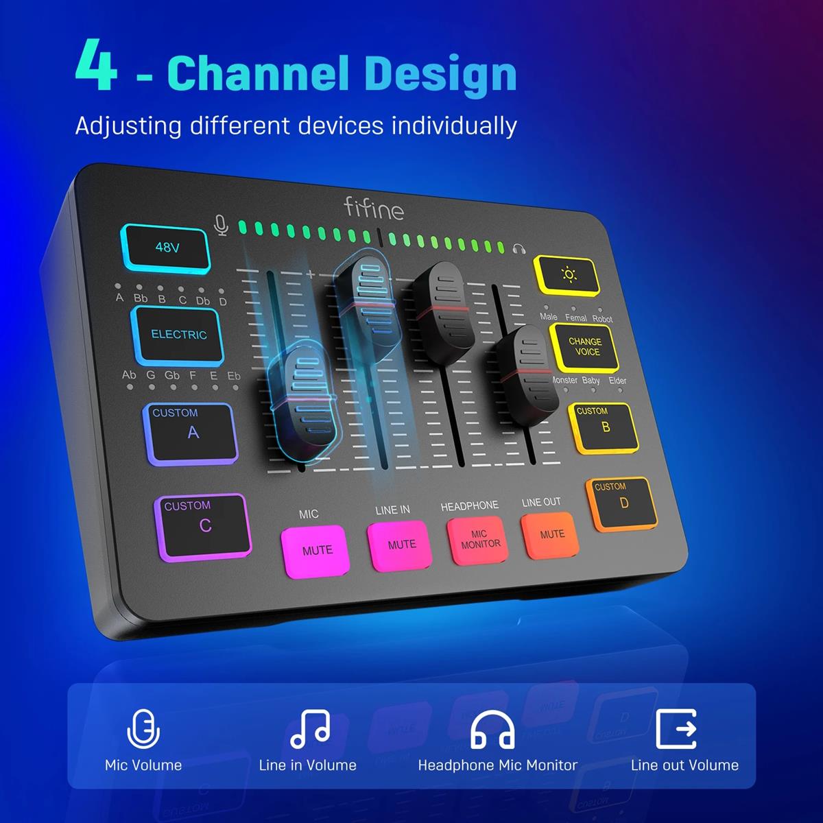 FIFINE AMPLIGAME SC3 GAMING USB MIXER WITH XLR/HEADSET INPUT, MONITORING, LINE IN/OUT, FADERS, MUTE/VOICE EFFECT/SAMPLE