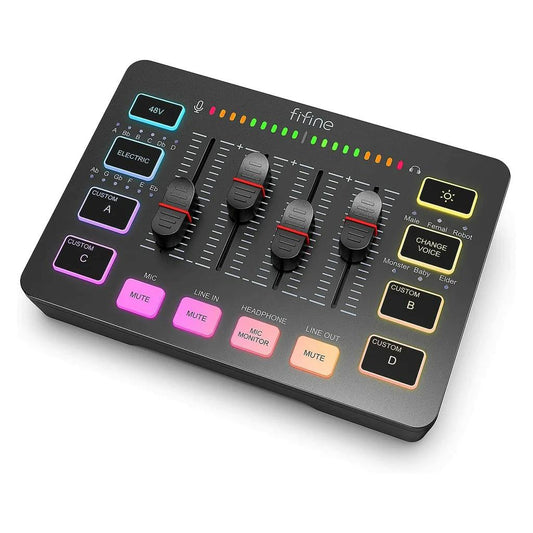 FIFINE AMPLIGAME SC3 GAMING USB MIXER WITH XLR/HEADSET INPUT, MONITORING, LINE IN/OUT, FADERS, MUTE/VOICE EFFECT/SAMPLE