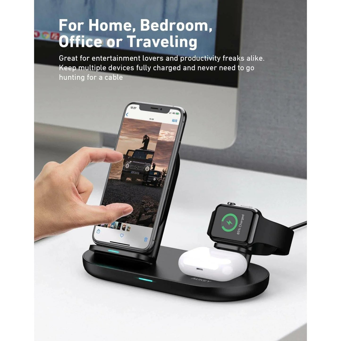 AUKEY 3 in 1 AirCore Wireless Charging Station Stand Charging Dock